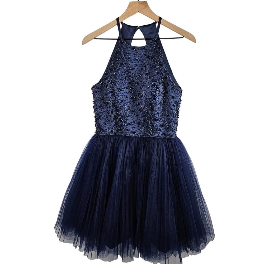 Navy‎ Blue Halter Sleeveless Satin Beaded & Tulle Mini Dress M? Keyhole Back